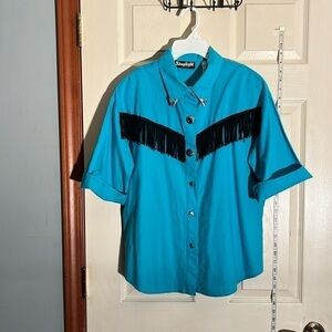 VTG-spotlight California-L-blue with black tassels. Short sleeve western shirt.